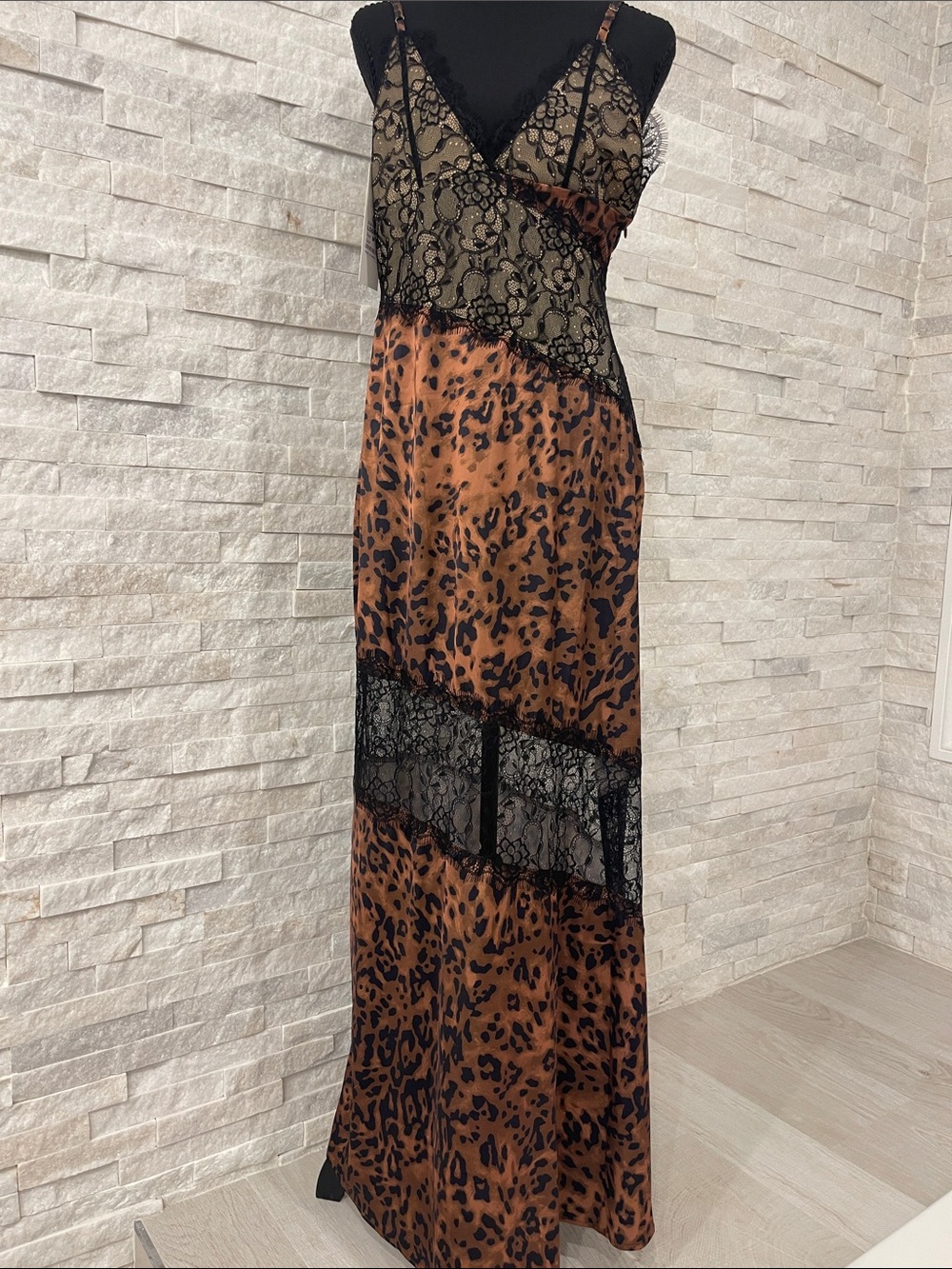 Lace Trim Leopard Slip Dress in Brown